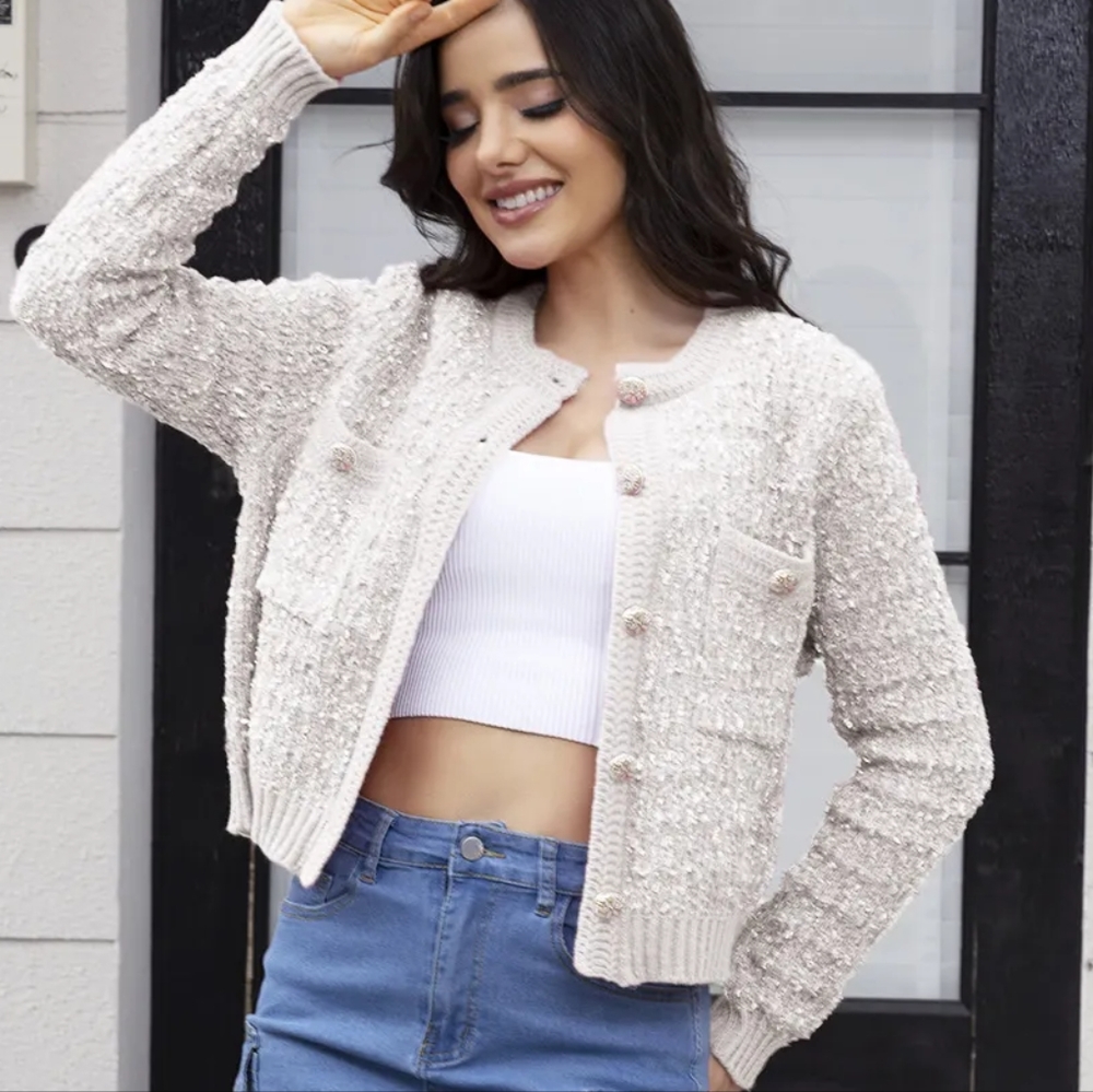 Essential Elegance Buttoned Cardi - White - Picture 3 of 3